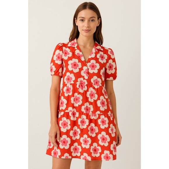 Umgee Tomato Red Floral Print Tiered Bubble Sleeve Dress - Picture 1 of 2